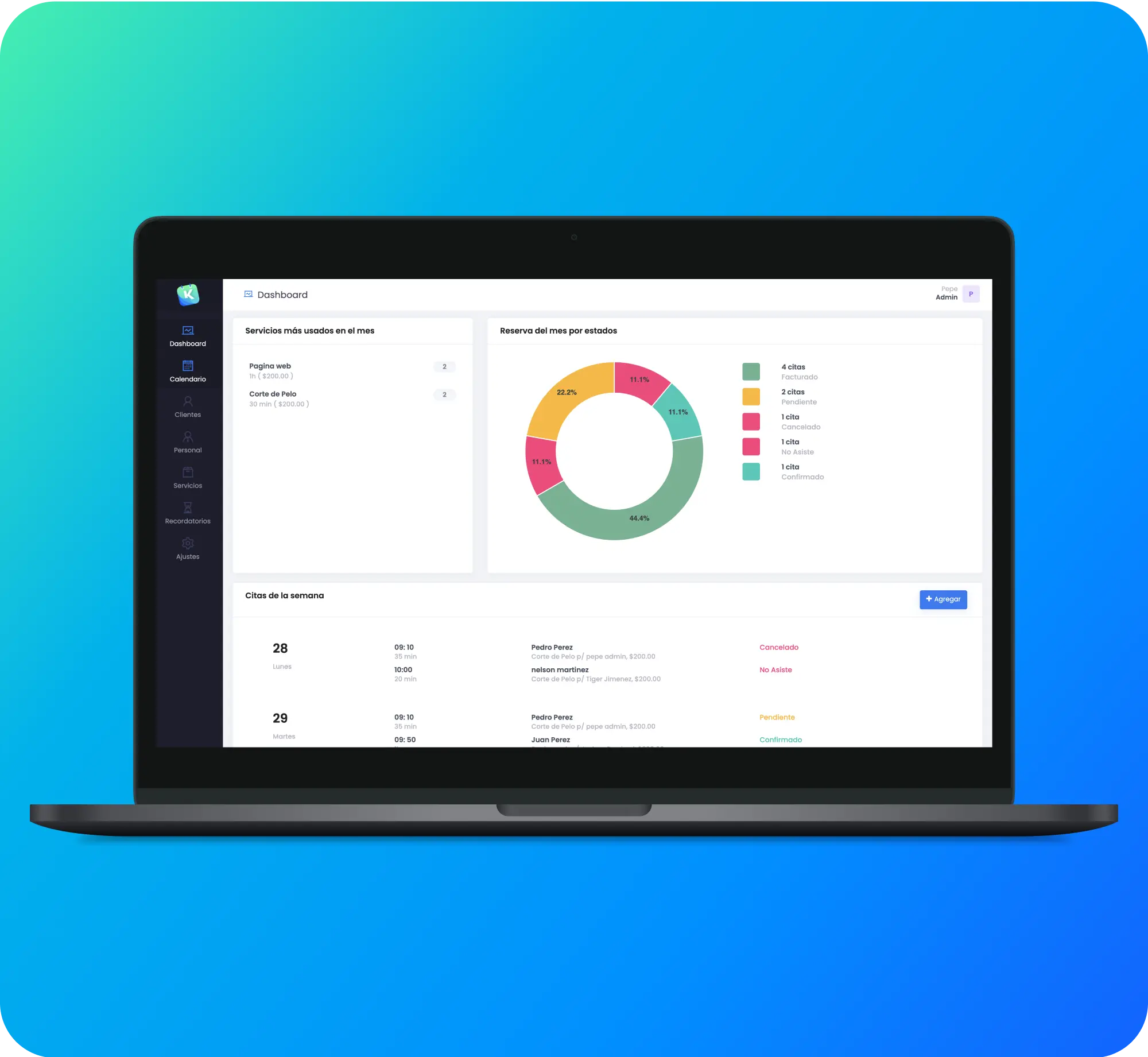 Laptop mockup showing web application dashboard with donut chart.