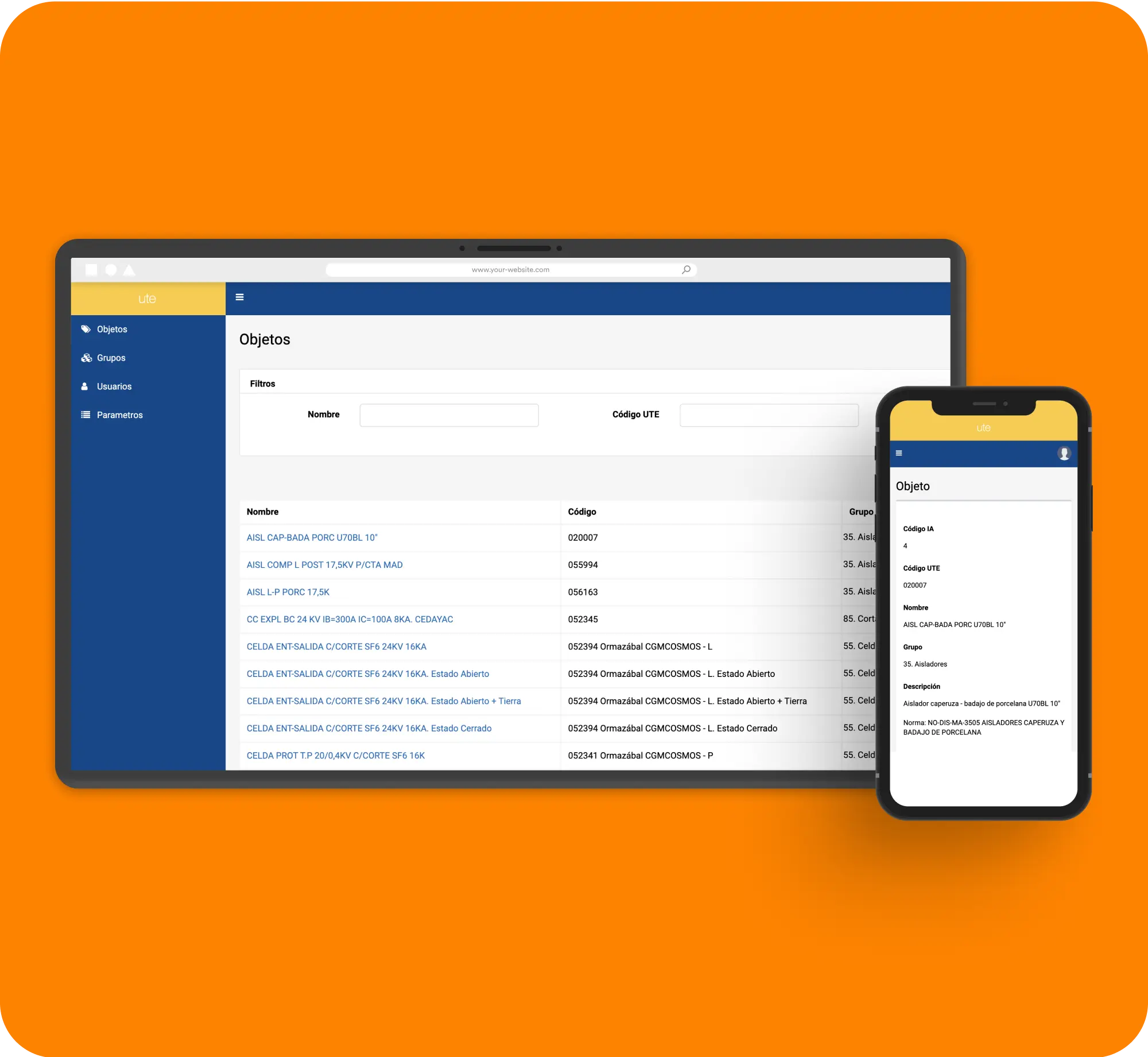 Tablet and smartphone mockups showing asset management application UI.