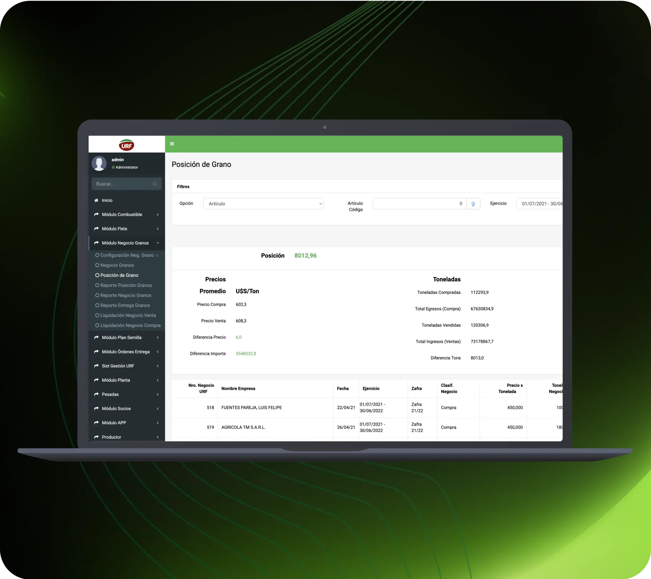 Laptop displaying grain management software interface.