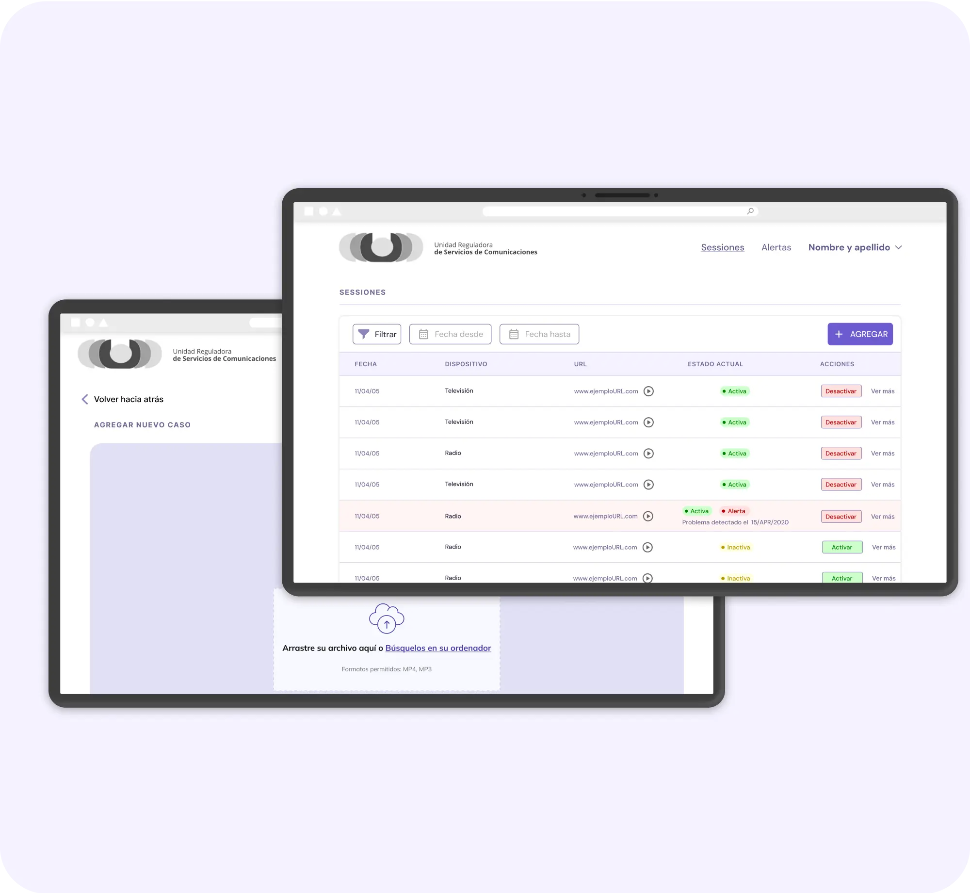 Overlapping tablet mockups showing monitoring system data table UI.