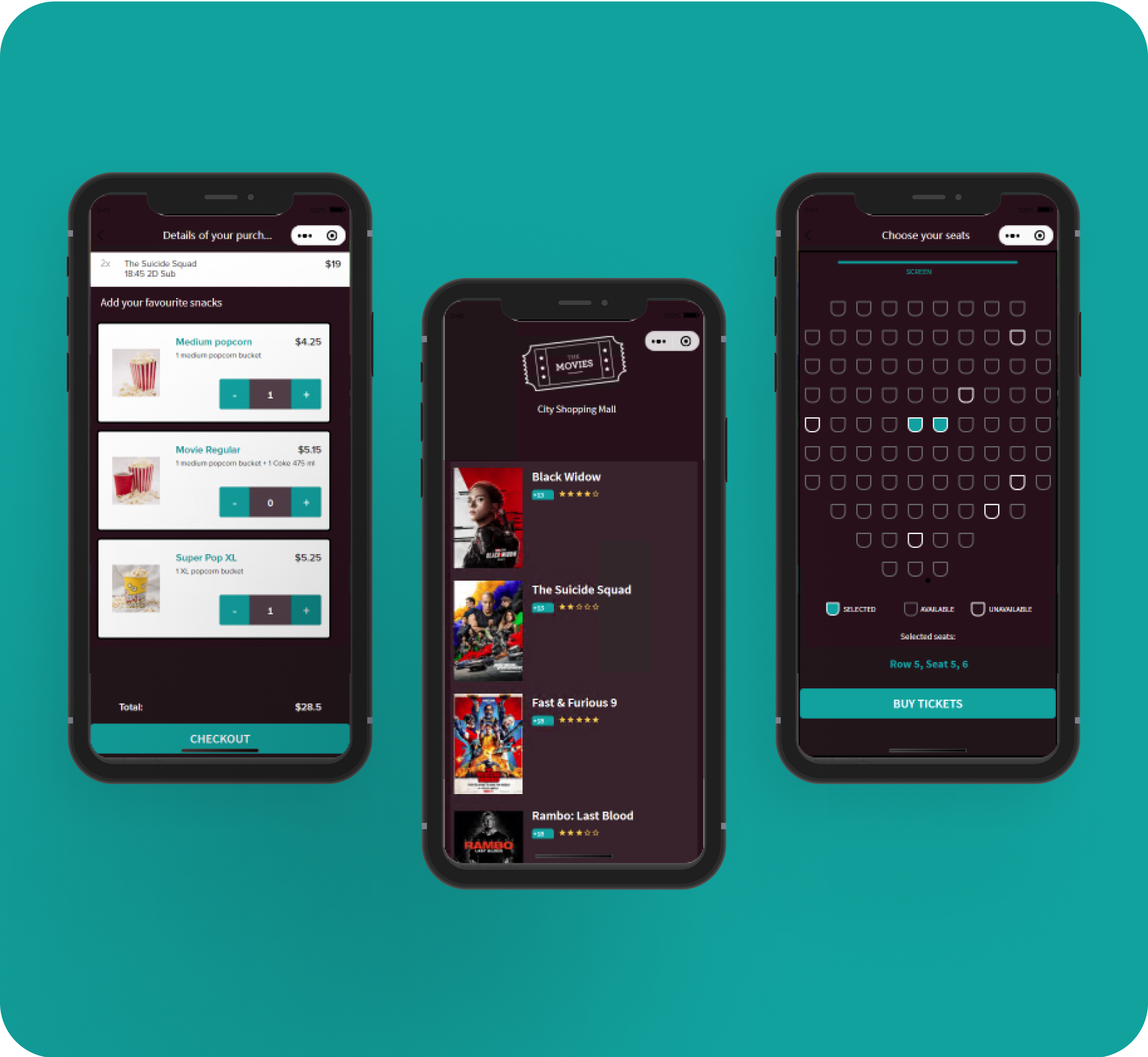 Smartphone mockups displaying movie ticket app interface screens.