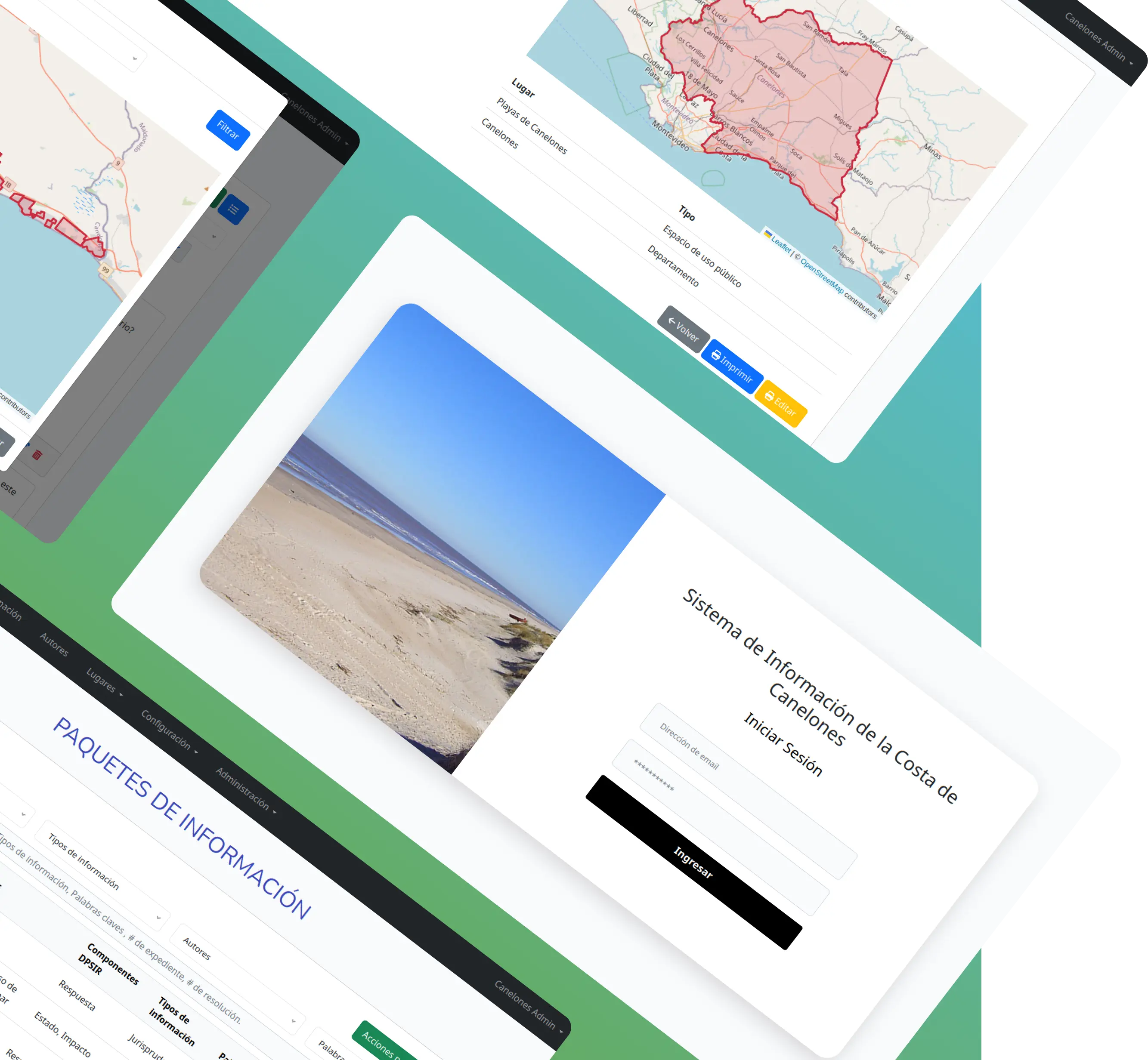 Overlapping screens of Canelones Coast information system UI with map.