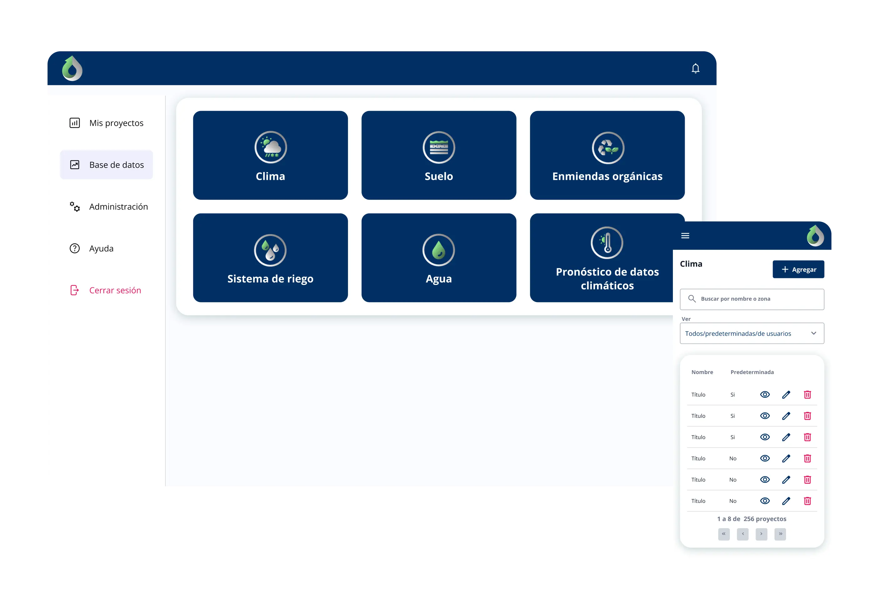 Agricultural data management dashboard UI showing climate soil and irrigation modules