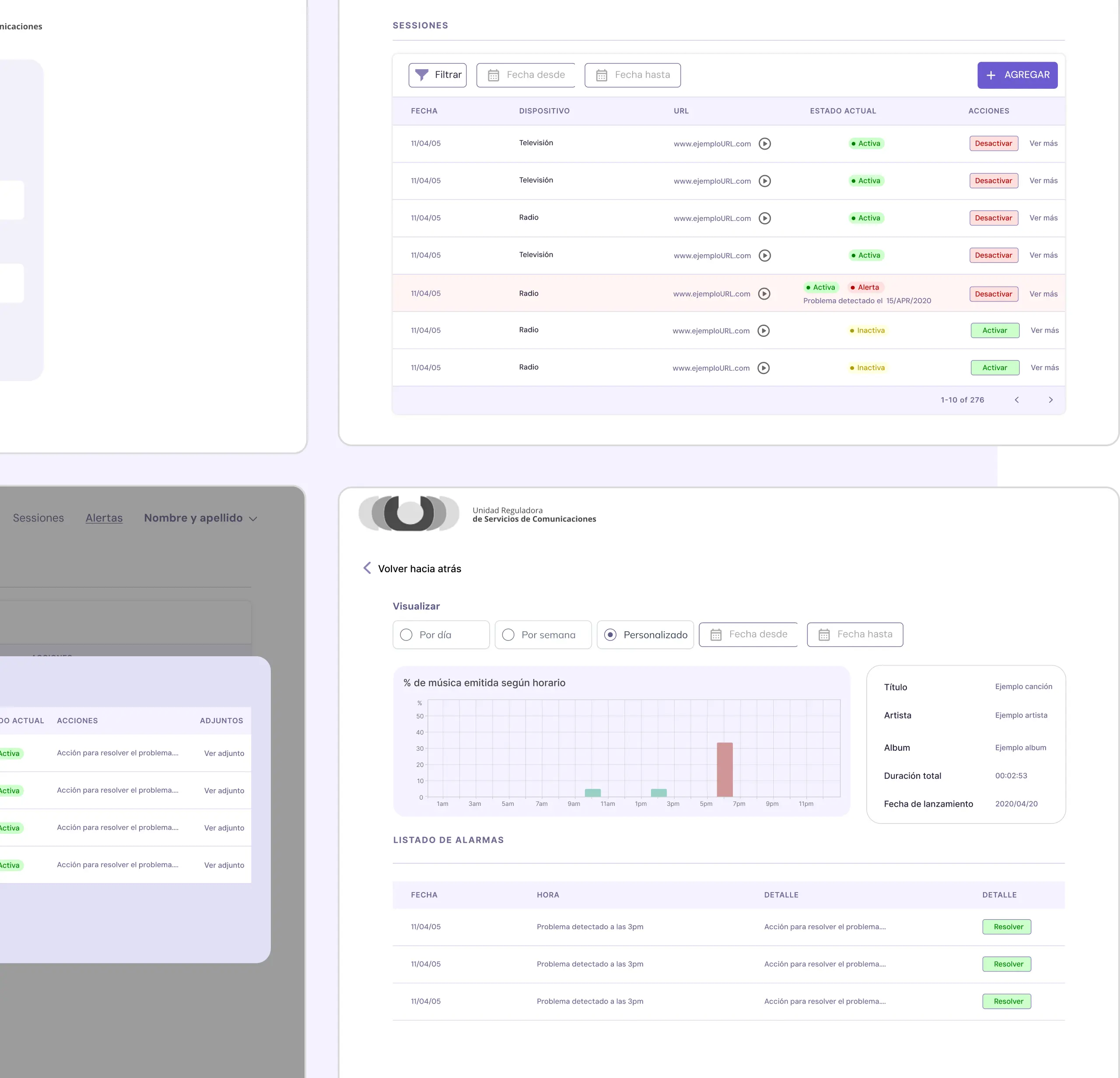 Overlapping web application screens showing monitoring dashboard and data tables