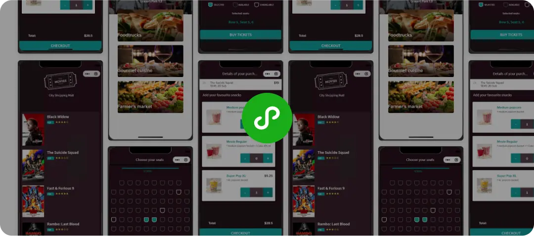 Collage of movie ticket app UI screens with central green S logo