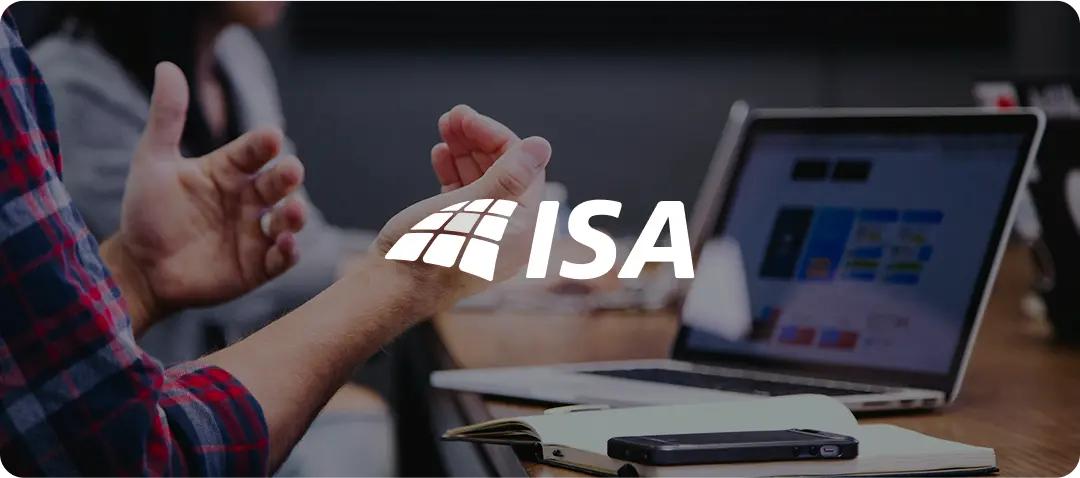 ISA logo over meeting scene with laptop and gesturing hands