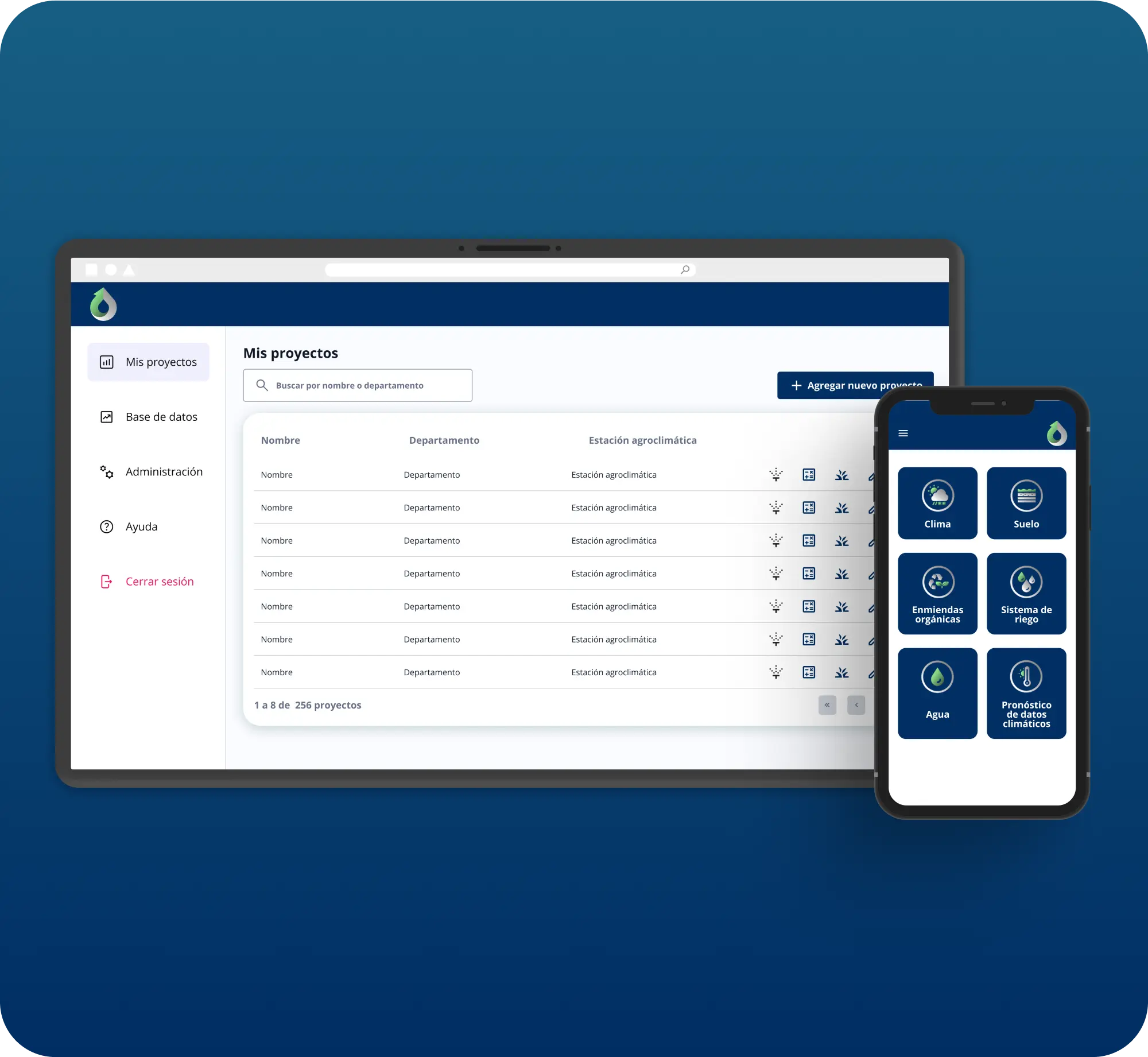 Tablet showing project list and phone showing dashboard UI for farm data app.