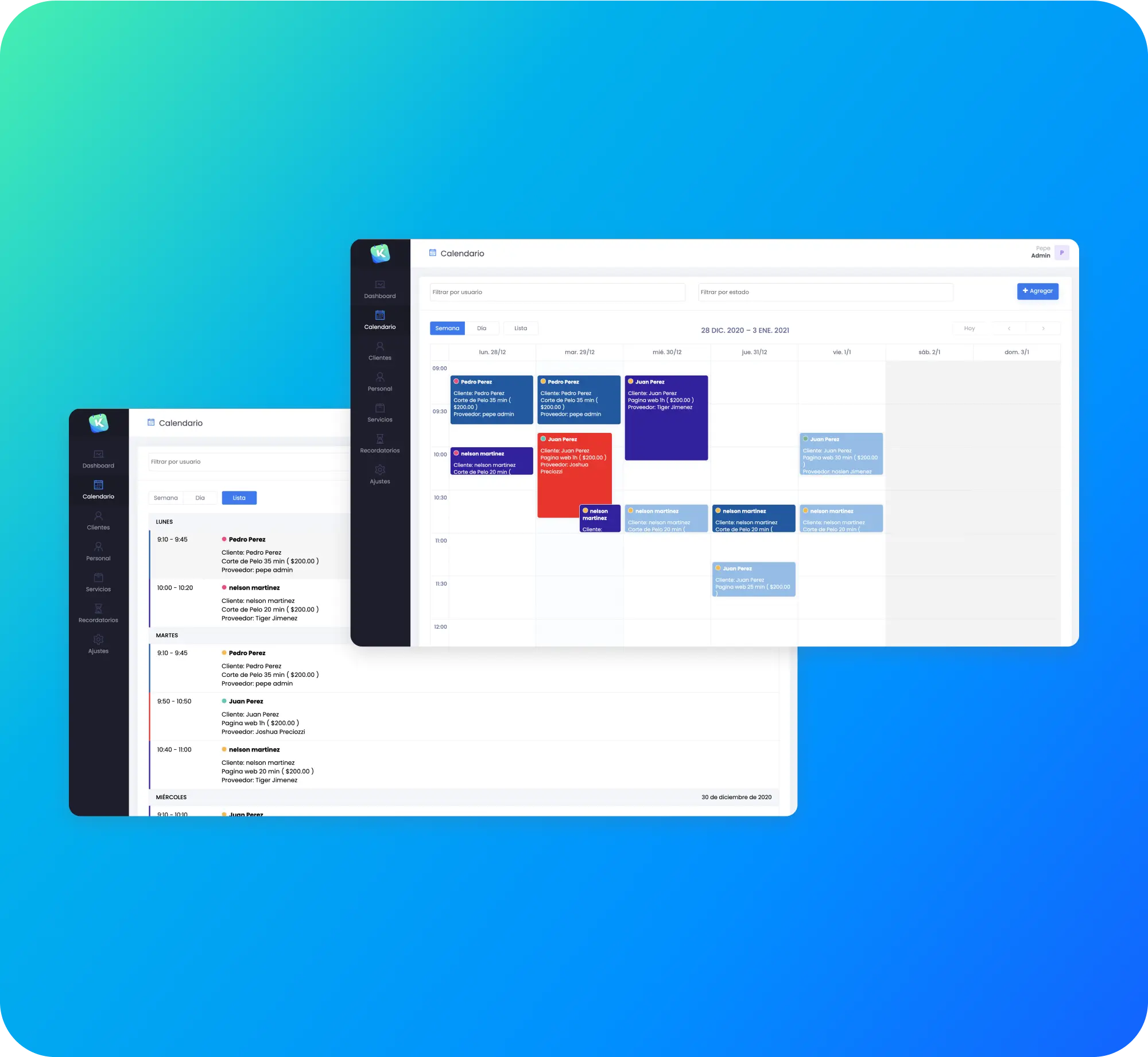 Web application UI mockup showing calendar and list views.