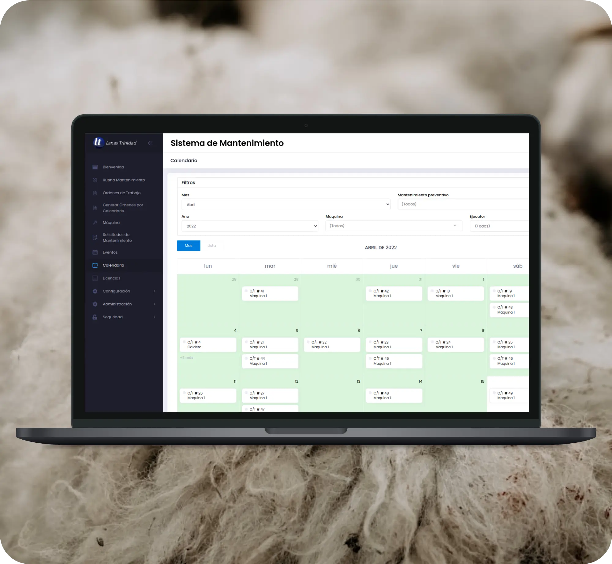 Laptop mockup showing maintenance system calendar schedule UI.