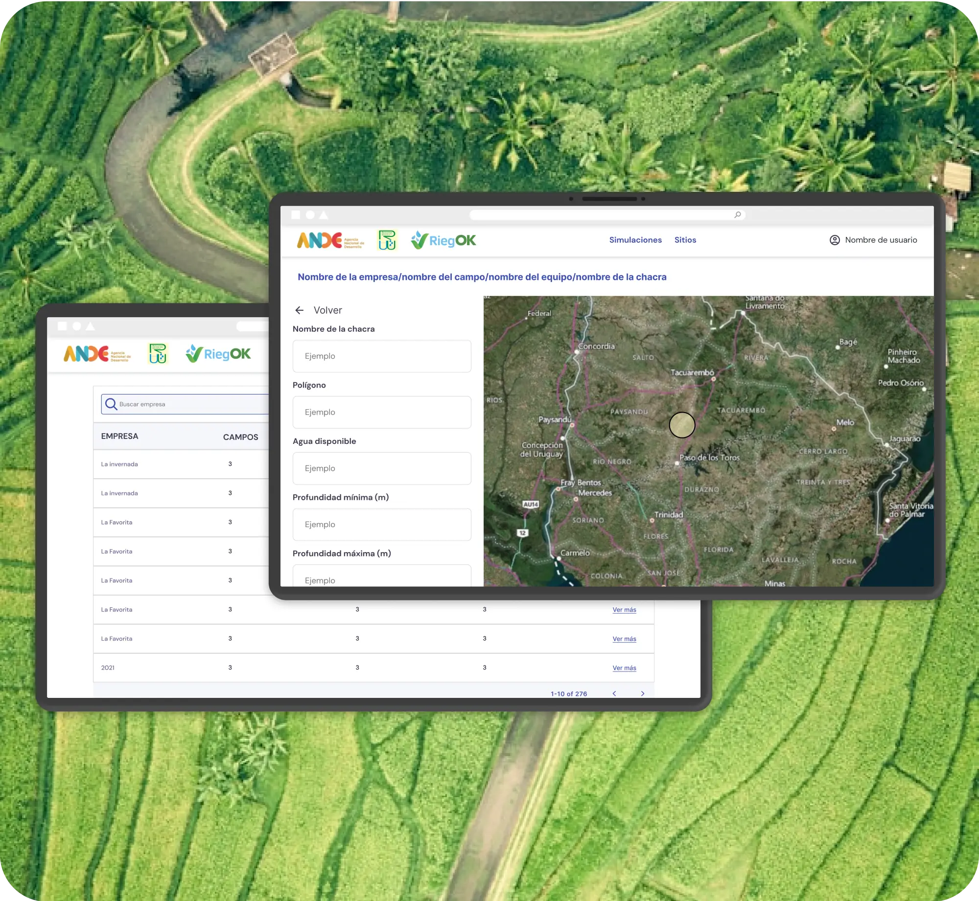 Tablets showing agricultural GIS map UI over terraced fields background.