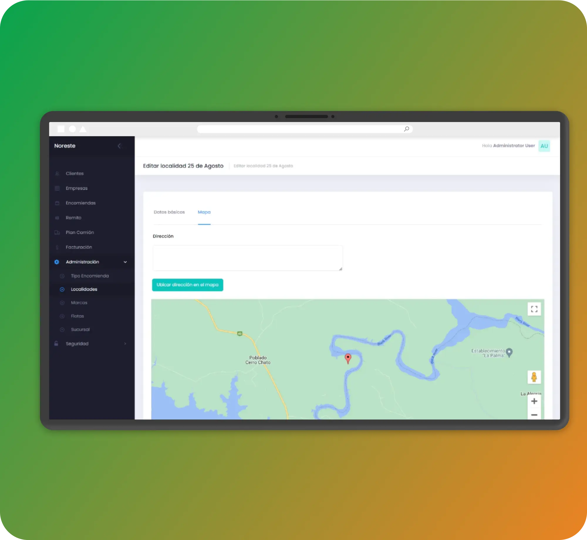 Tablet mockup showing location editing interface with map for 25 de Agosto.
