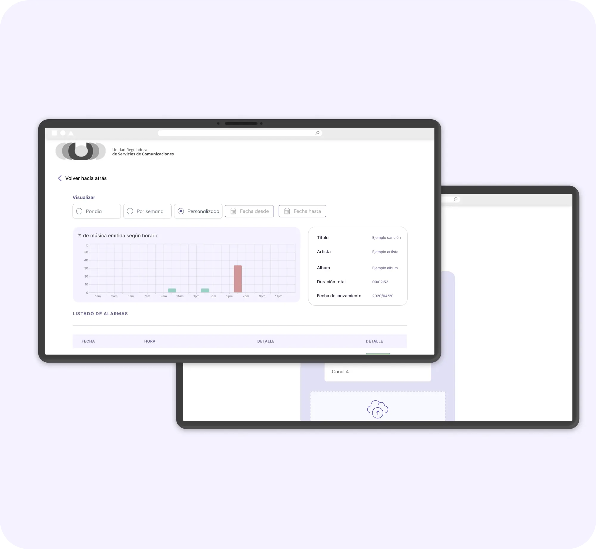 Overlapping tablet mockups showing monitoring dashboard UI with graph and alarms.