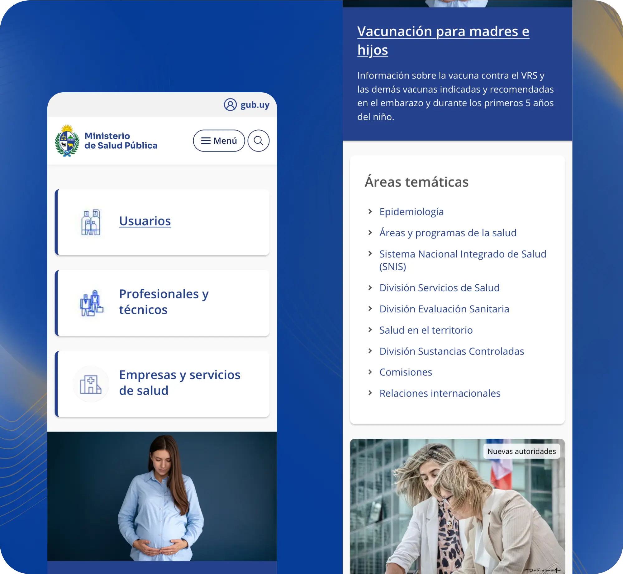 Mobile interface of Ministry of Public Health site showing user menu and thematic areas.