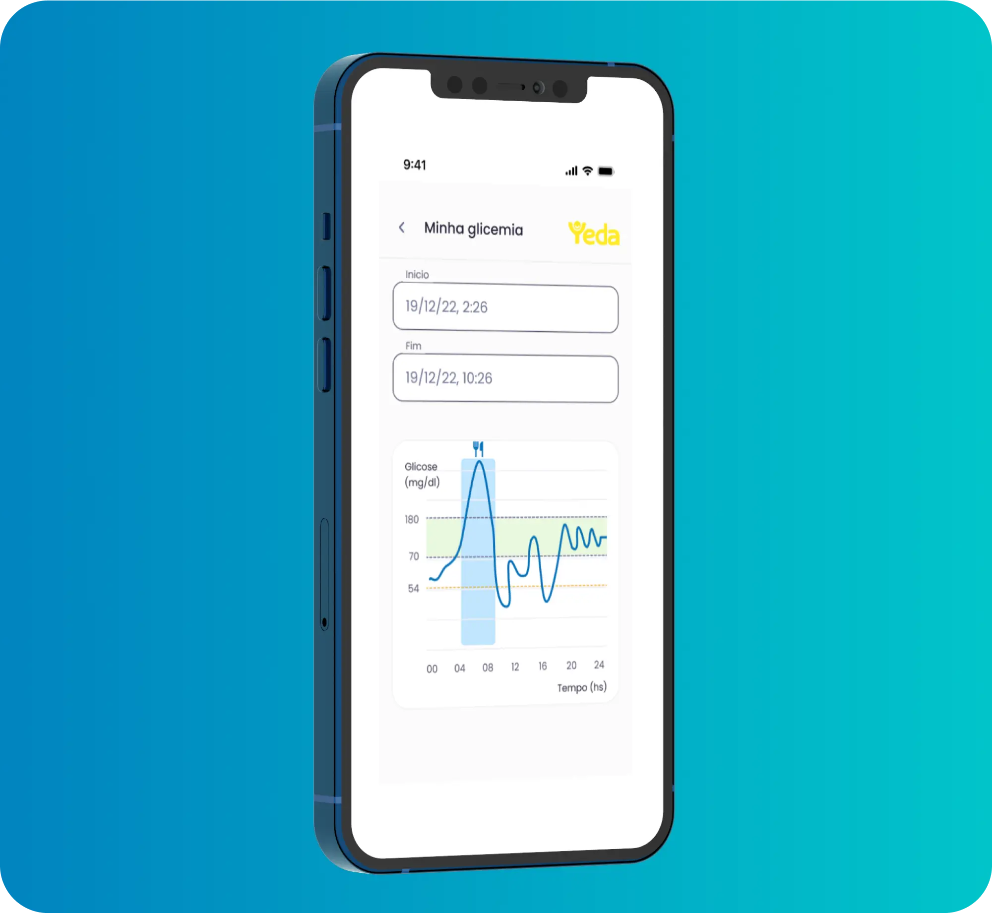 Yeda health app interface for monitoring glucose levels with 24h graph.
